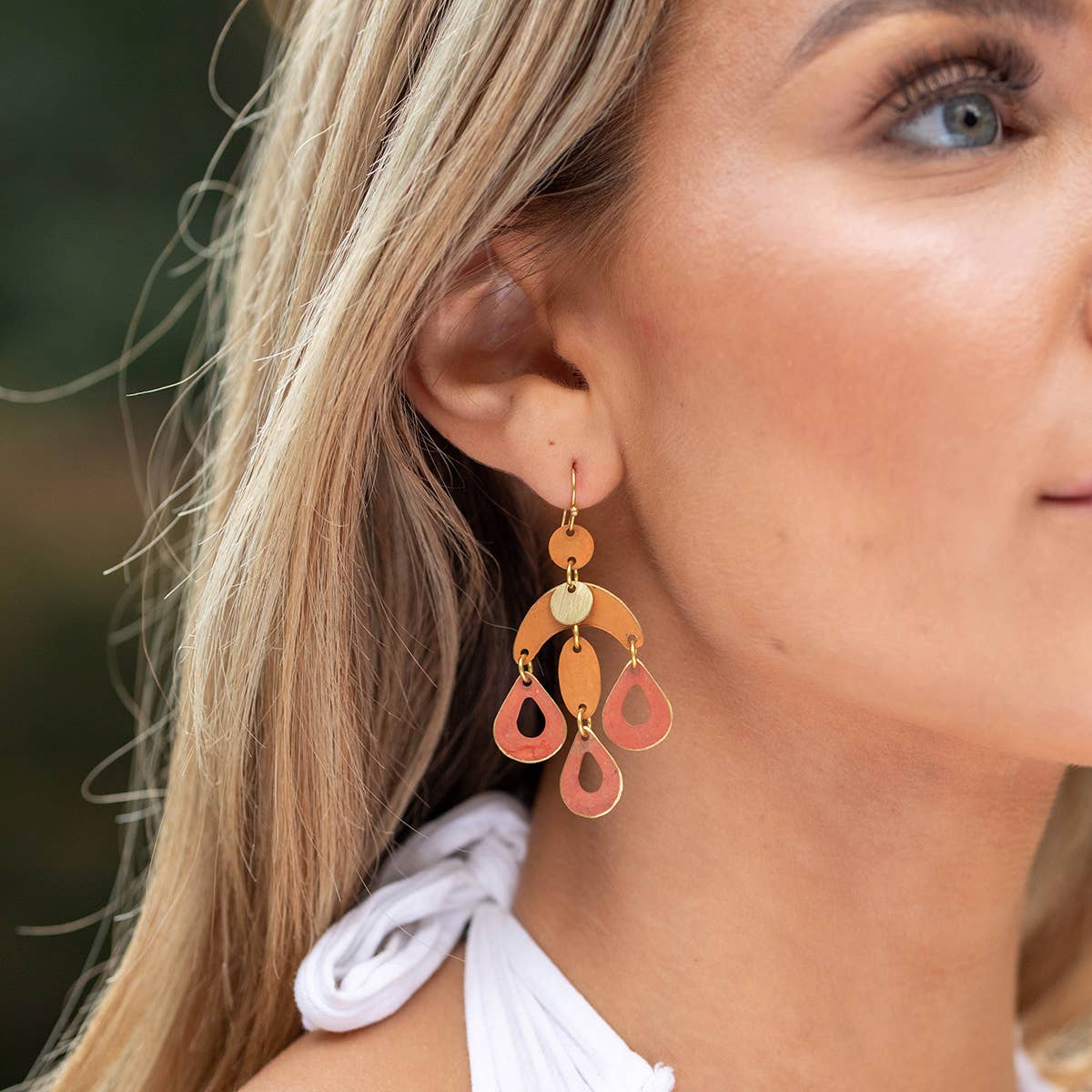 Brass Patina Earrings - Orange Abstract Dangle Teardrops