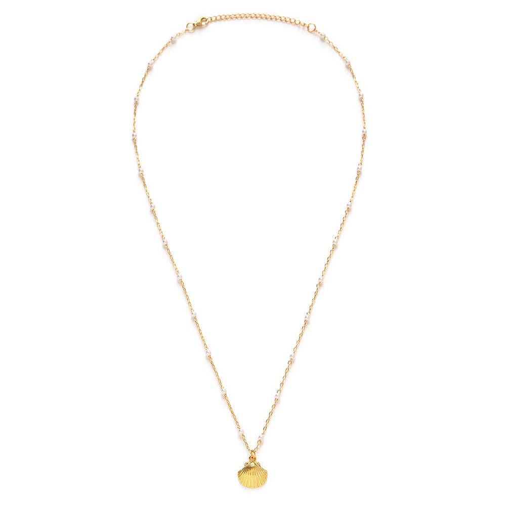 Scallop Shell and Pearl Station Chain Necklace