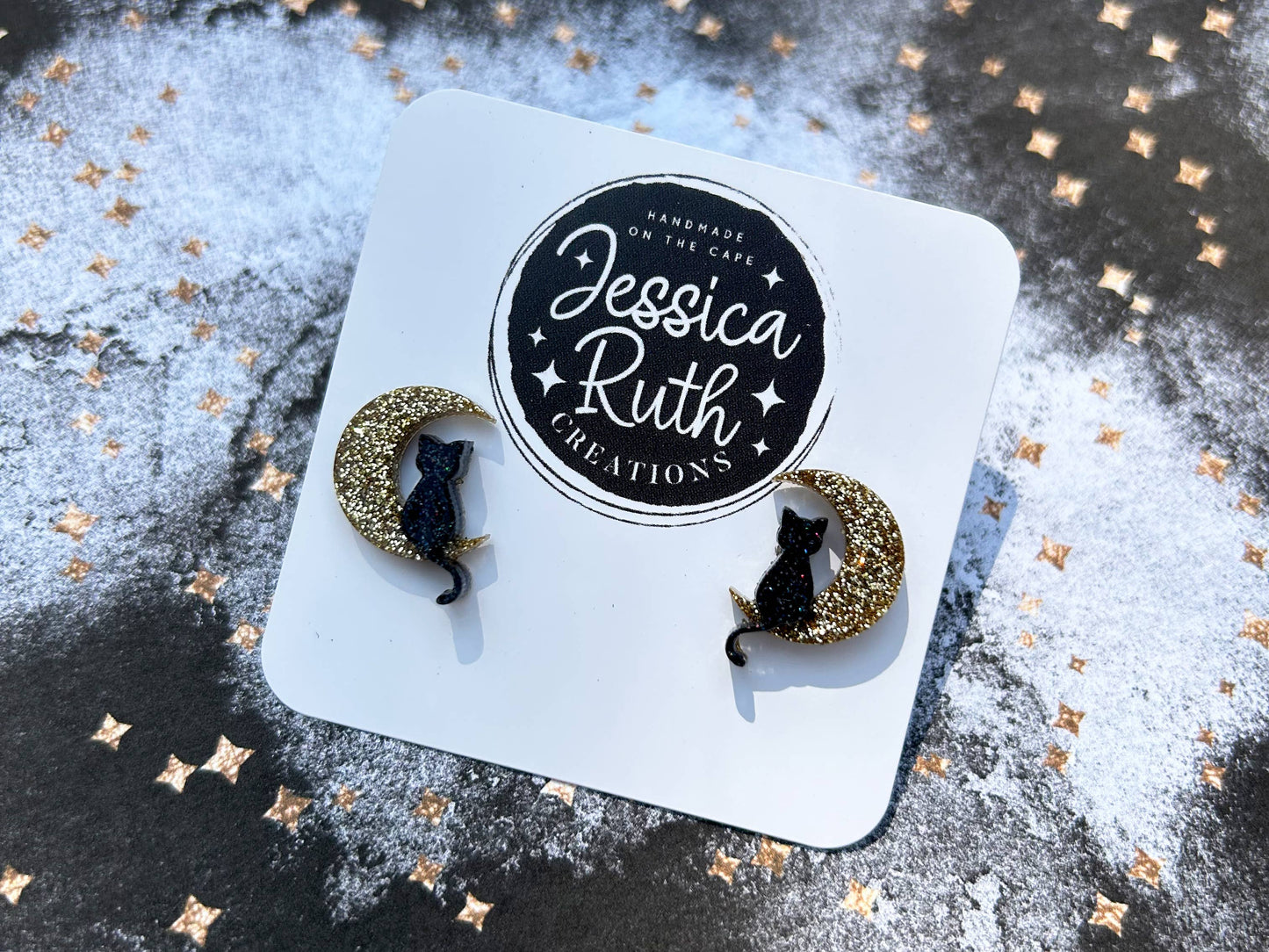 Spooky and Sparkly Cat and Moon Stud Earrings
