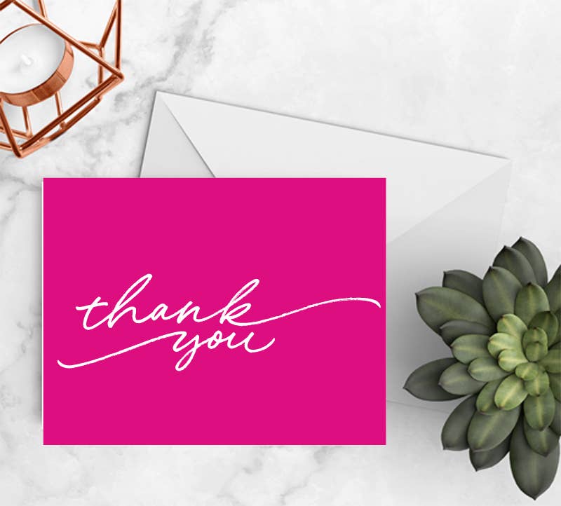 Pink Script Thank You Cards - Folded Notecard Set