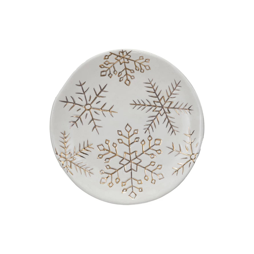 Stoneware Plate w/ Gold Snowflakes, White