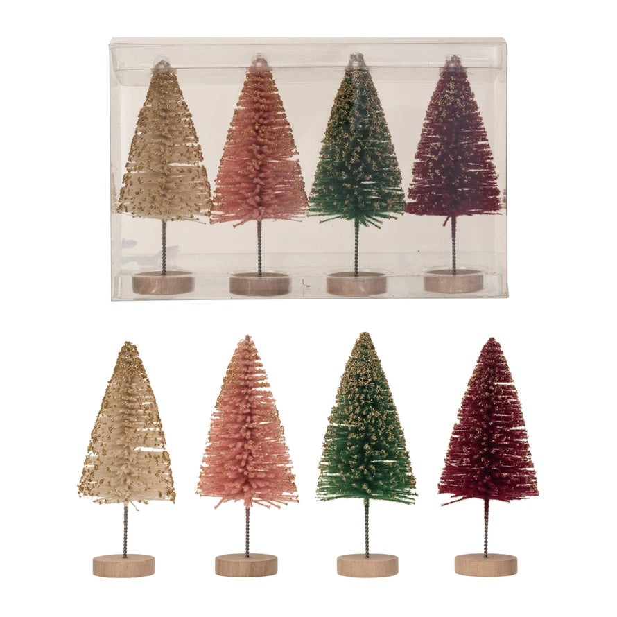 Sisal Bottle Brush Trees w/ Gold Glitter & Wood Base, Boxed Set of 4