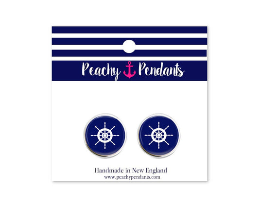Earrings - Studs - Gold Navy Ship Wheel