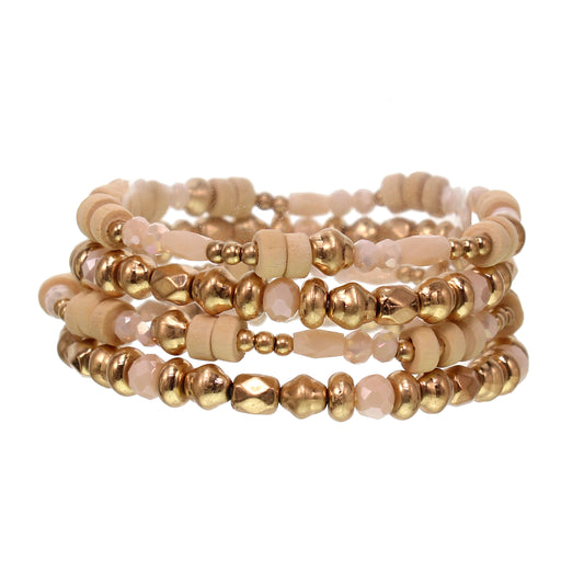 Four Piece Gold Plated Matte Metal, Crystal and Wood Stretch Bracelet Set