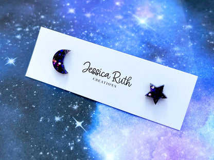 Purple Mix Star and Moon Stud Earrings