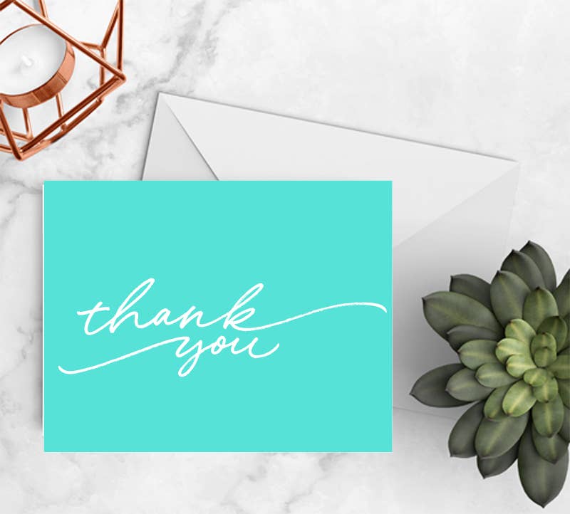 Teal Script Thank You Cards - Folded Notecard Set