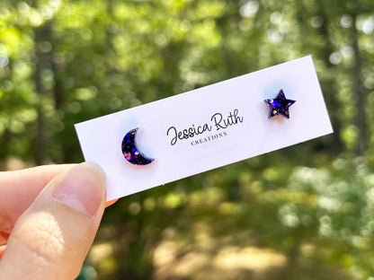 Purple Mix Star and Moon Stud Earrings