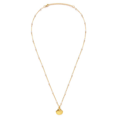 Scallop Shell and Pearl Station Chain Necklace