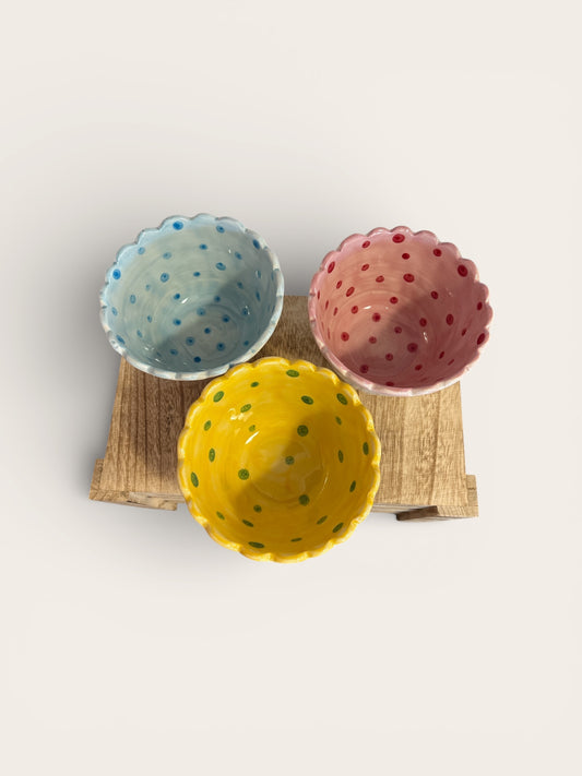 Hand-Painted Stoneware Scalloped Bowl w Dots