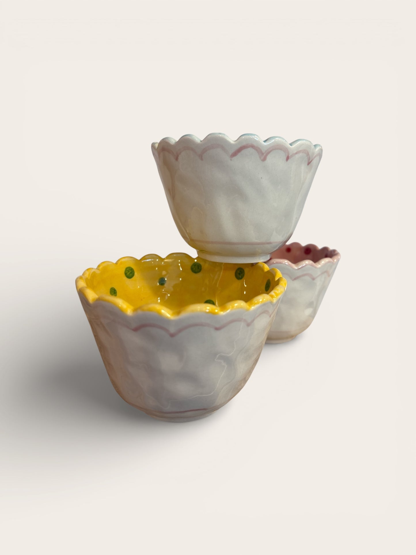 Hand-Painted Stoneware Scalloped Bowl w Dots