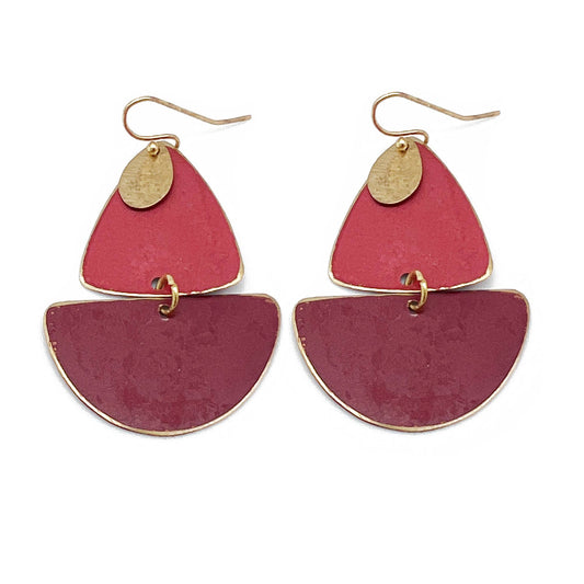Brass Patina Earrings - Reds Abstract Shapes