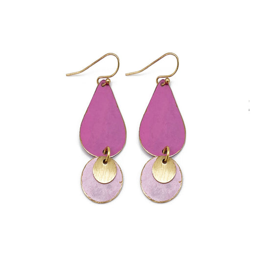 Brass Patina Earrings - Pink and Lilac Two Tiered Dangle