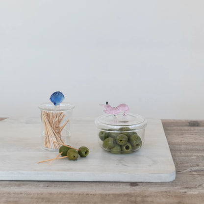 Glass Toothpick Holder with Hand-Blown Shell, Blue