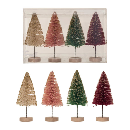 Sisal Bottle Brush Trees w/ Gold Glitter & Wood Base, Boxed Set of 4